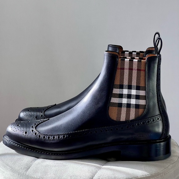Burberry Check Panel Leather Boot in Black/Burch Brown - Picture 1 of 11